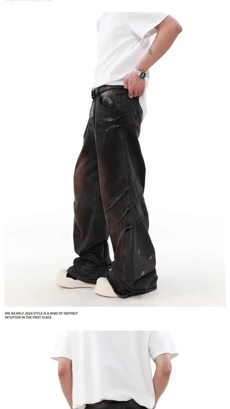 american high street scratch design men and women trendy retro straight leg jeans couple street loose wide leg casual pants y2k unique jeans style 4427