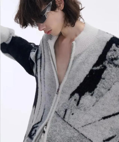 Color Blocked Gradient Cardigan Mens Imitation Mink Fur Jacquard Trend Couple Knitted Jacket Zipper High Street Sweater Coats Street King Limited
