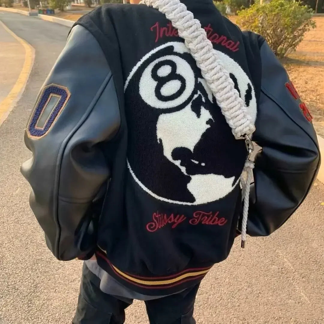 american retro high street embroidered jacket splicing print black eight baseball jacket 2024street wear baseball uniform jacket menswear bottoms