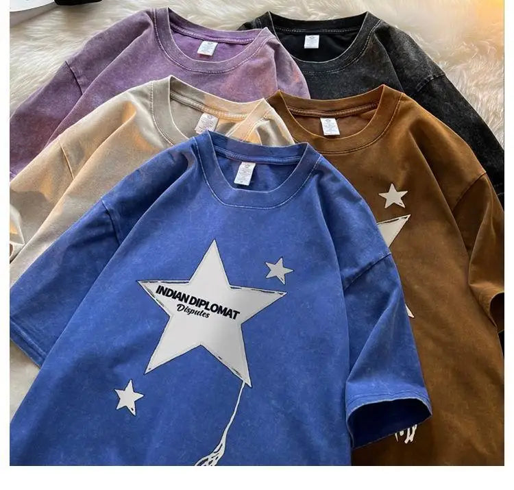 Five-pointed star American washed distressed short-sleeved T-shirt for men in summer loose heavyweight T-shirt trendy y2k tops Street King Limited
