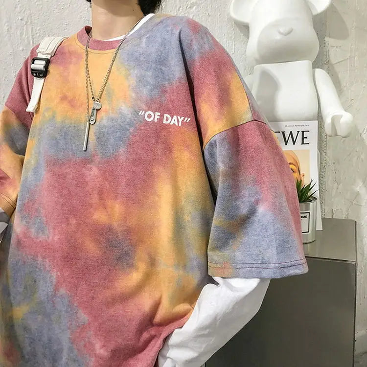 Summer national trend hip-hop tie-dye short-sleevedstyle Korean version ins loose couple's five-point half-sleeved T-shirt top Street King Limited