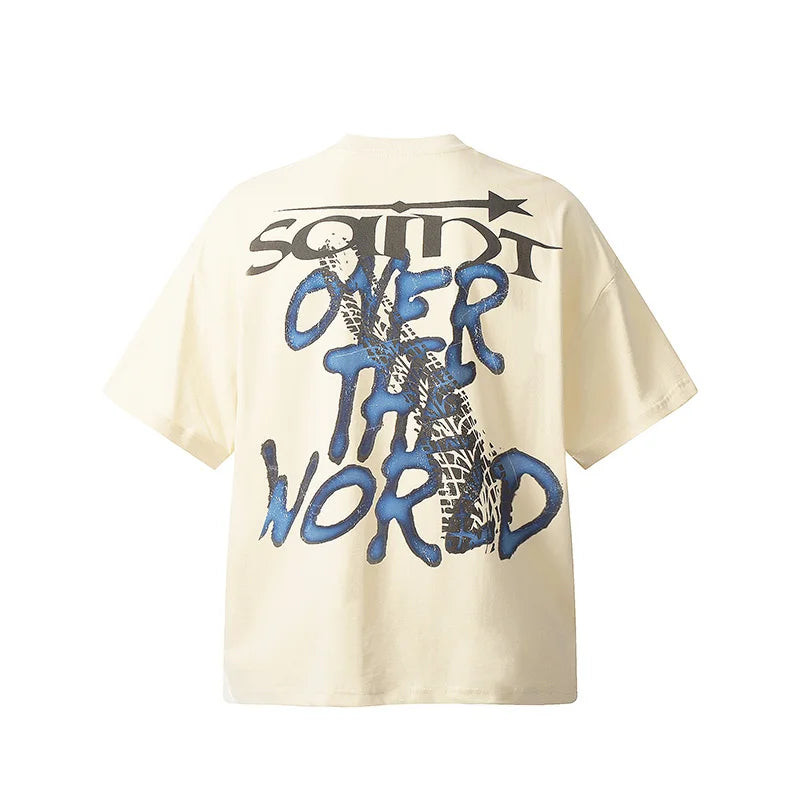 Black White Blue SAINT T-shirt Men Woman Good Quality Vintage Cartoon Pattern Printing Loose Casual Top Tees Street King Limited