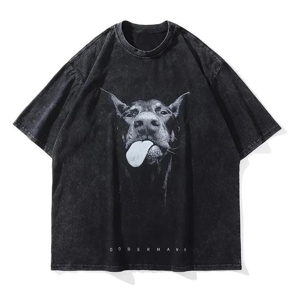 Harajuku Men Oversized TShirt 2023 Funny Doberman Dog Graphic Tshirts Vintage Washed Tees Summer Hip Hop High Street Streetwear Street King Limited