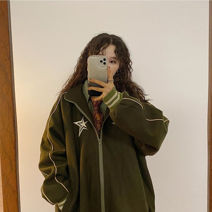 Autumn and winter new Korean star stand collar jacket y2k vintage loose embroidery plush thickened sportswear clothes women Street King Limited