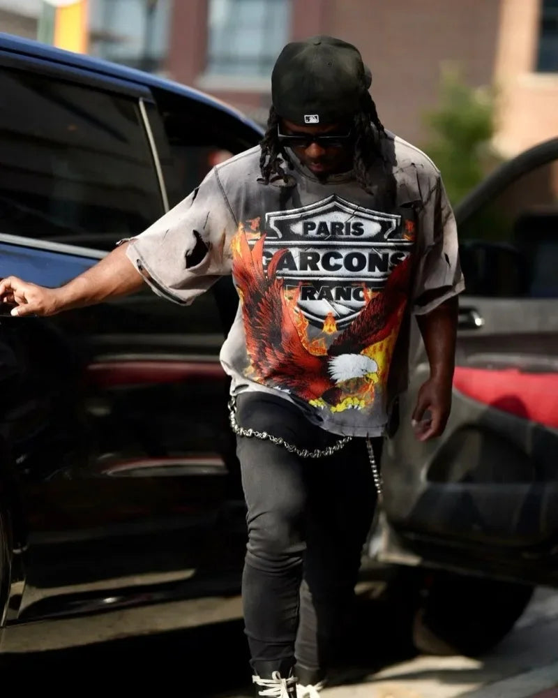 Y2k American High Street Fashion Brand Washed Short-sleeved Women Flame Eagle Print Oversized T-shirt Harajuku Hip-hop Tops Men Street King Limited