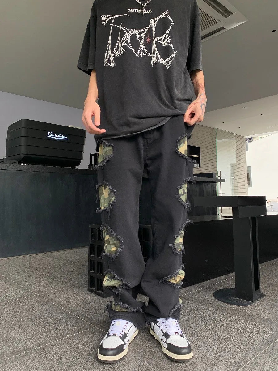 side destroyed ripped holes denim jeans pants mens casual patchwork camouflage loose straight joggers hip hop streetwear jeans unique joggers style 3070
