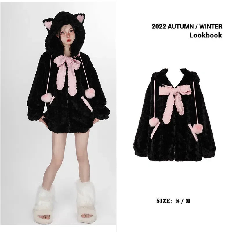 Harajuku Little WildCat Hoodies Women Bodysuit Black Tie Bowknot Cute Loose Goth Coat Y2k Style Kawaii Winter Clothes Women Street King Limited