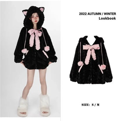 Harajuku Little WildCat Hoodies Women Bodysuit Black Tie Bowknot Cute Loose Goth Coat Y2k Style Kawaii Winter Clothes Women Street King Limited