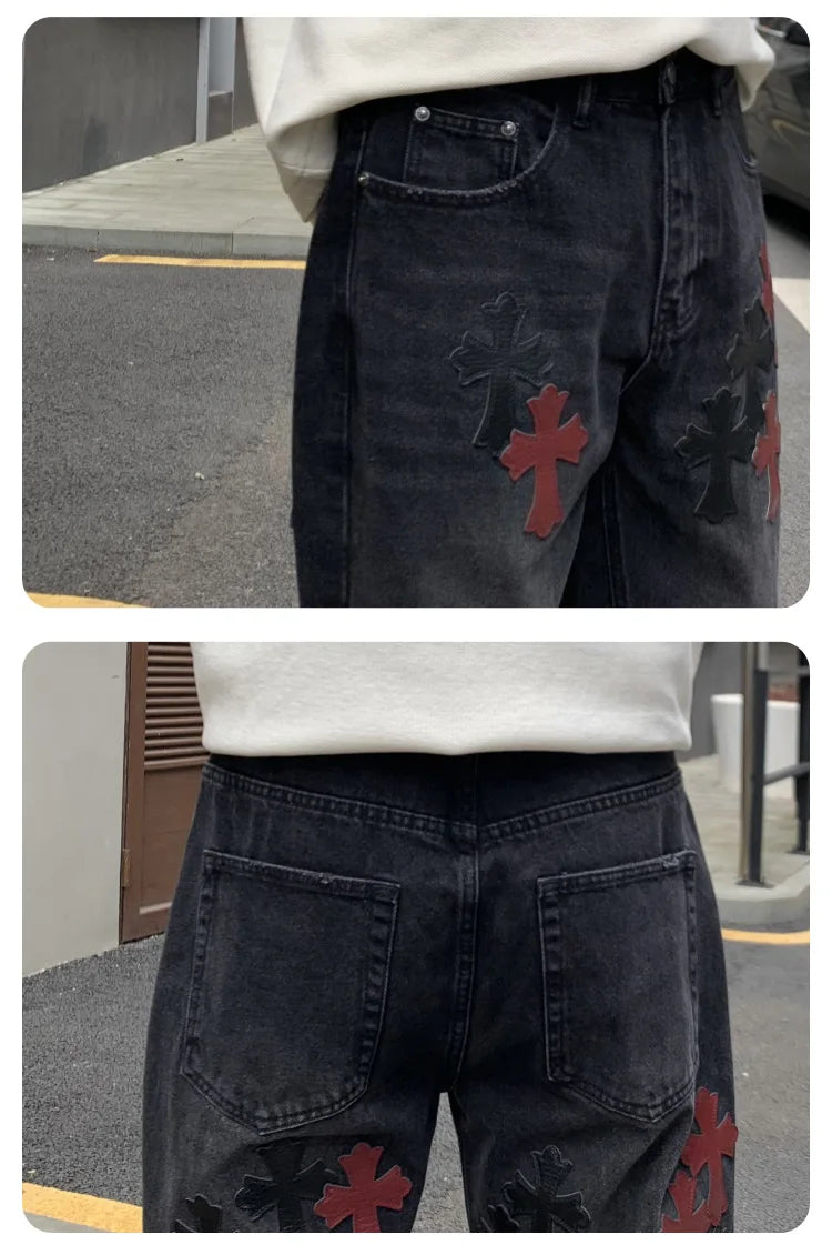 men embroidery streetwear brand fashion hip hop loose casual straight motorcycle denim jeans pant cityboy y2k jeans trousers unique jeans style 2366