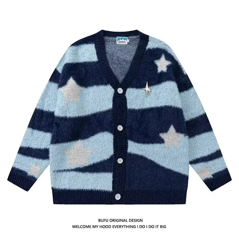 Knitted Cardigan Sweater Men Women Autumn Patchwork Knitted Jumpers Harajuku Loose Hip Hop Streetwear Y2K Star Pattern Jackets Street King Limited