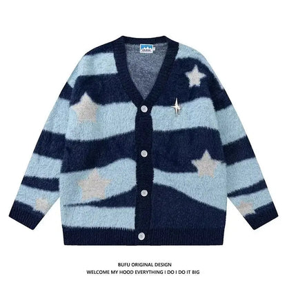 Knitted Cardigan Sweater Men Women Autumn Patchwork Knitted Jumpers Harajuku Loose Hip Hop Streetwear Y2K Star Pattern Jackets Street King Limited