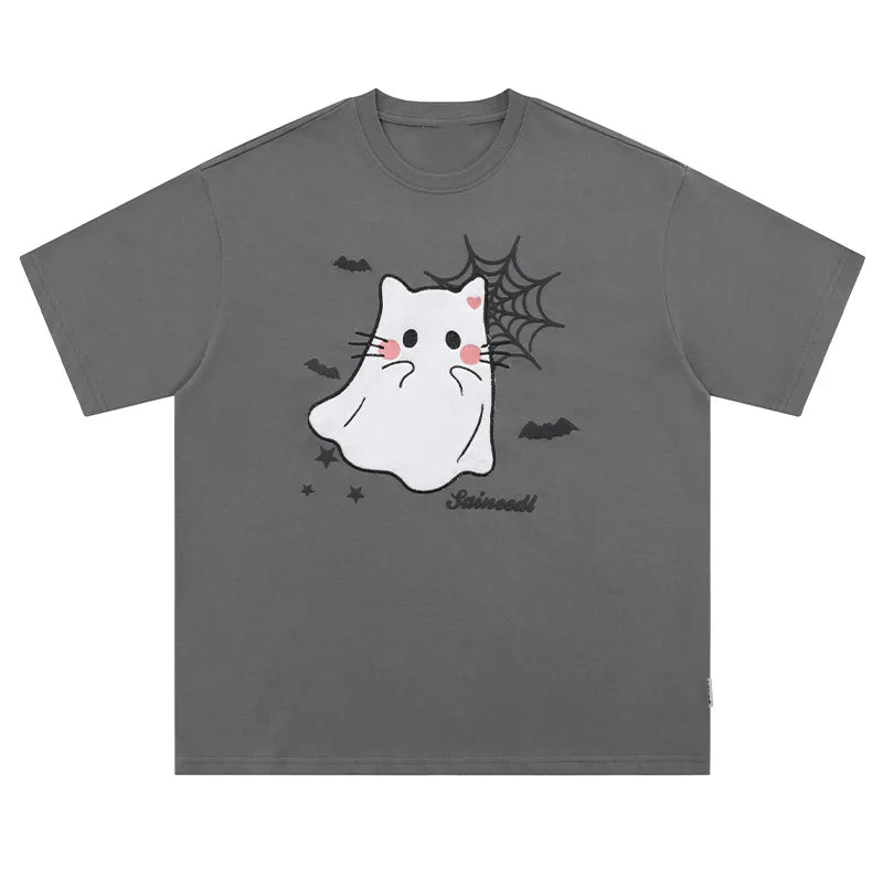 Men T Shirts Cartoon Anime Cat Embroidered Short Sleeve T Shirt Harajuku Loose Casual Couple Tees Japanese Preppy Style Tops Street King Limited