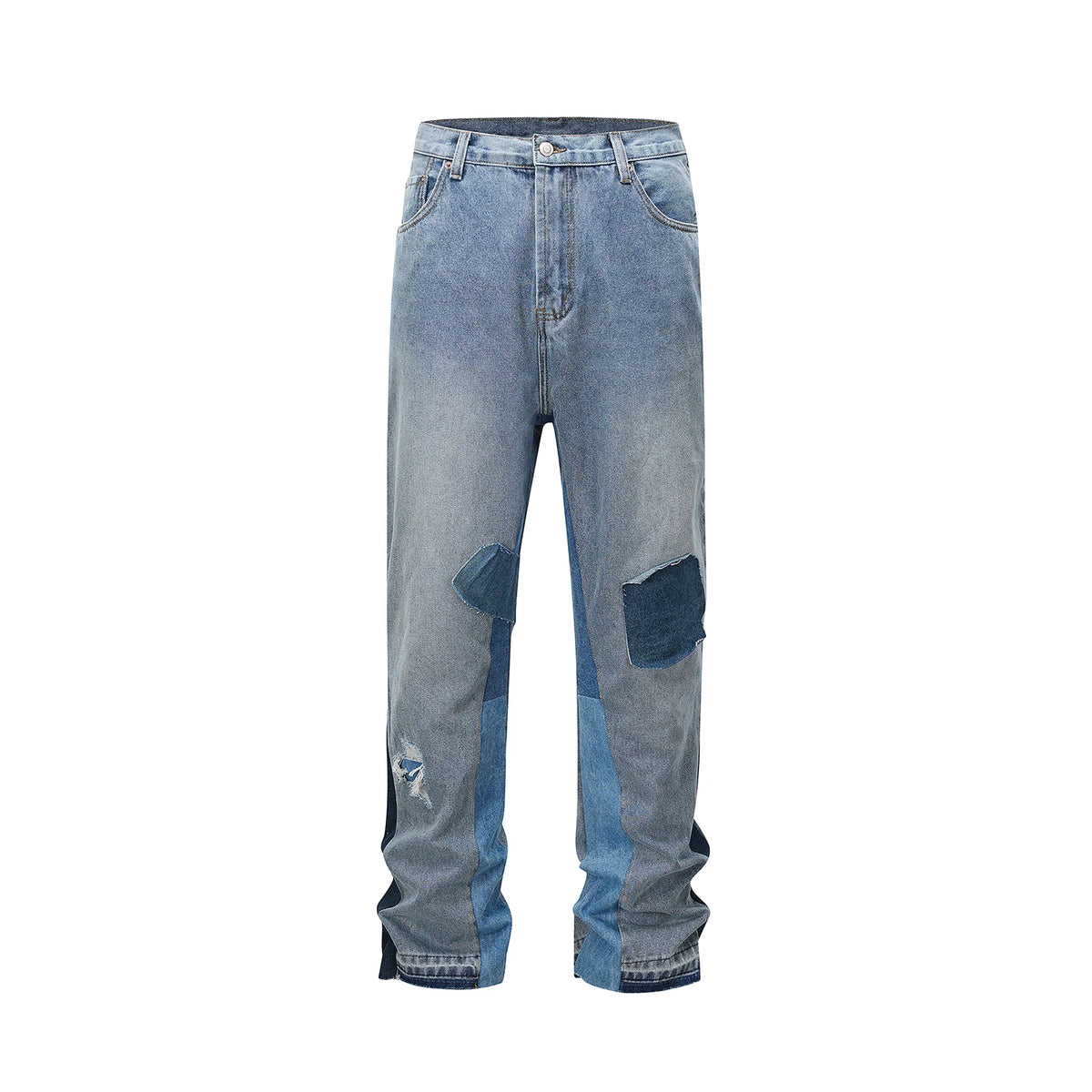 high street patchwork hole ripped baggy jeans for men straight pocket washed distressed casual denim trousers oversized ripped baggy denim