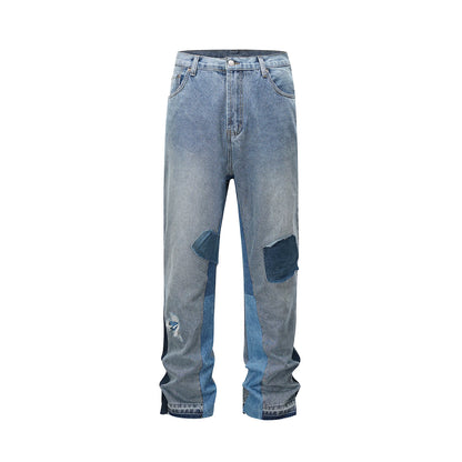 high street patchwork hole ripped baggy jeans for men straight pocket washed distressed casual denim trousers oversized ripped baggy denim