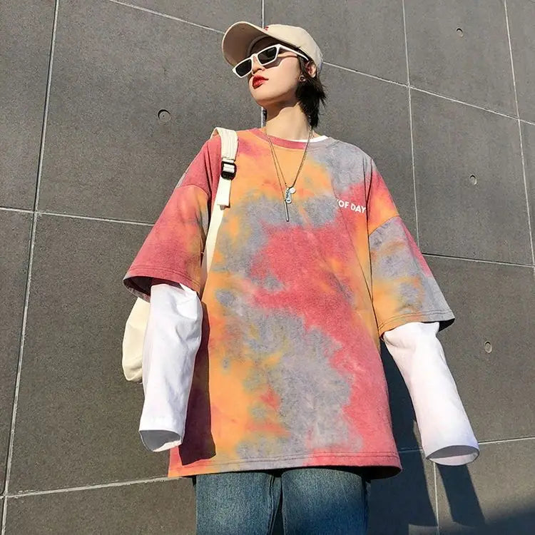Summer national trend hip-hop tie-dye short-sleevedstyle Korean version ins loose couple's five-point half-sleeved T-shirt top Street King Limited