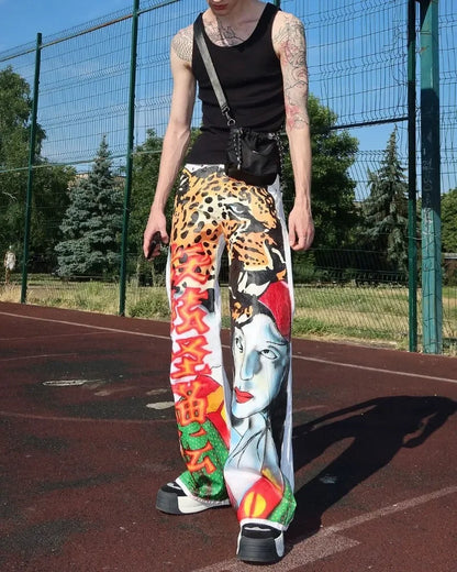 american high waisted washed wide leg pants fashion anime print oversized denim trousers women y2k loose floor length pants ripped baggy denim