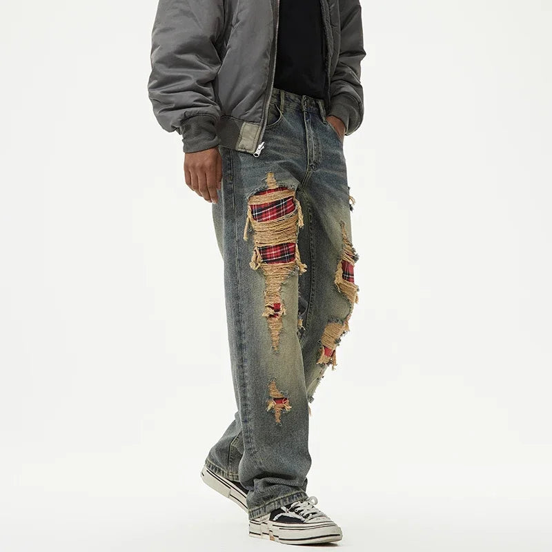 men broken hole patch loose casual plus size straight ripped denim pants jeans man streetwear fashion baggy jeans trousers unique jeans style 3040