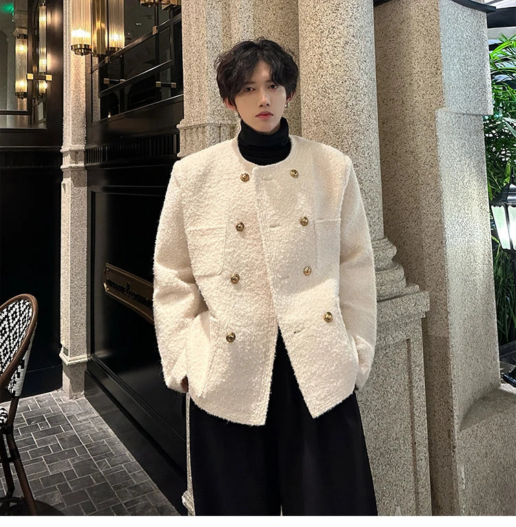 men french fashion retro double breasted woolen loose casual short jacket man autumn winter korean streetwear thicken coat top unique shorts style 1425