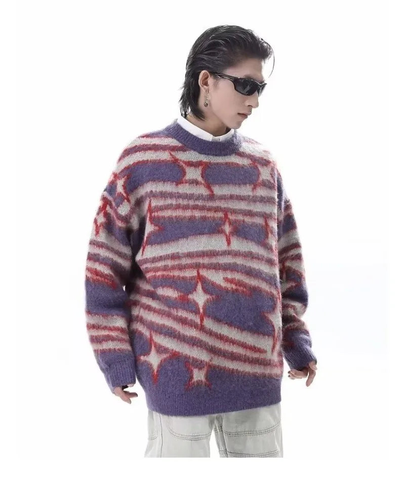japanese hip hop sweater set men contrast zebra pattern round neck knit top splicing distressed loose jeans 2 pcs harajuku suit unique jeans style 3952
