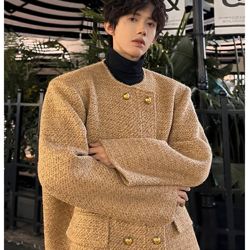 men double breasted french retro loose casual woolen short jacket man korean streetwear show fashion coat autumn outerwear summer street shorts