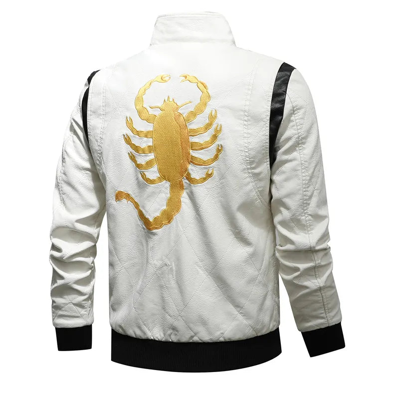 Autumn Winter Bomber Leather Jacket Men Scorpion Embroidery Hooded Jacket PU Leather Motorcycle Mens Ryan Gosling Drive Jacket Street King Limited