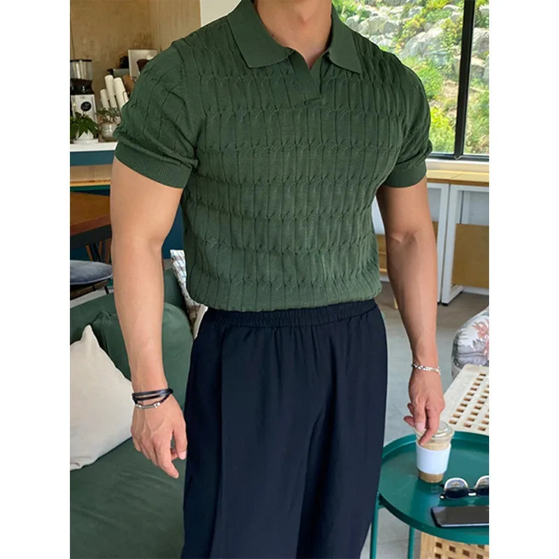 Summer New Knitted Polo Shirt Men's Short Sleeve Casual Half Sleeve Lapel Green T-Shirt Slim Top Street King Limited