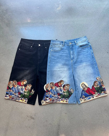 harajuku retro cartoon print oversized wide leg pants gothic washed distressed jeans men y2k fashion casual denim shorts women stacked flare jeans
