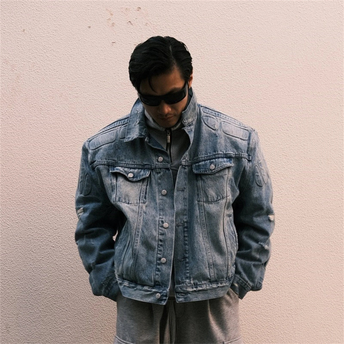 24fw kanye west yzy brand fashion high street heavy weight denim jacket worn quality jacket coat for men urban skinny jeans