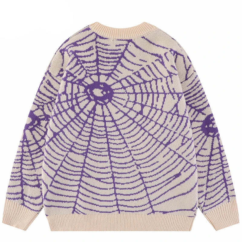 2023 Men Streetwear Sweater Hipster Spider Web Graphic Hip Hop Knitted Sweater Casual Loose Pullover Sweater Black Purple Street King Limited