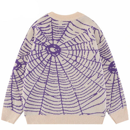 2023 Men Streetwear Sweater Hipster Spider Web Graphic Hip Hop Knitted Sweater Casual Loose Pullover Sweater Black Purple Street King Limited