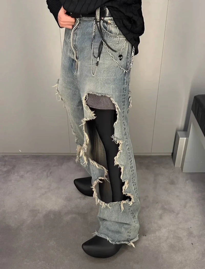 street wear retro hip hop distressed straight leg jeans vintage y2k tassel biker ripped denim pants mens washed destroyed jean unique jeans style 4392