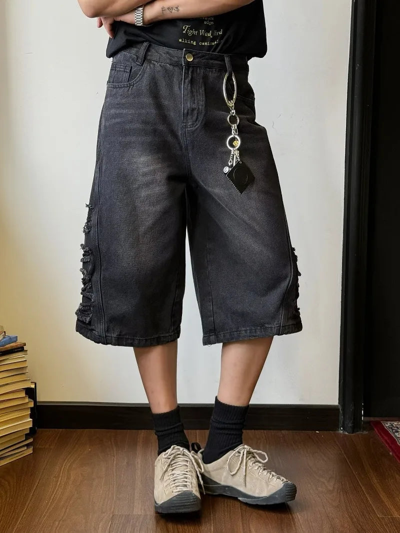 mens hip hop washed denim shorts broken hole folds burr edge street punk cowboy middle pants pockets bomber quarter pants y2k unique jeans style 4370