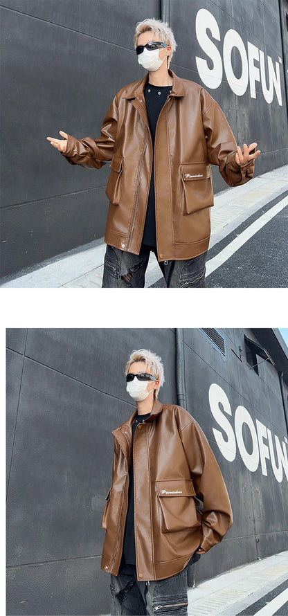 autumn motorcycle pu jacket coat for men leisure trendy workwear jacket niche ruffian handsome double neckline design jacket unique default style 5943
