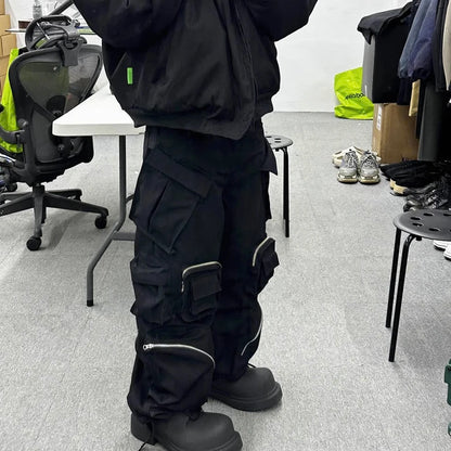 high street multi pokcets functional wide leg cargo pants unisex black straight baggy y2k overalls oversized loose trousers unique cargo style 425