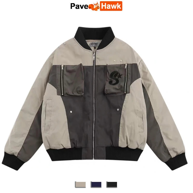 multi pocket bomber jacket men vintage loose varsity coat fashion korean patchwork baseball pilot outerwear unisex spring autumn clean everyday pants