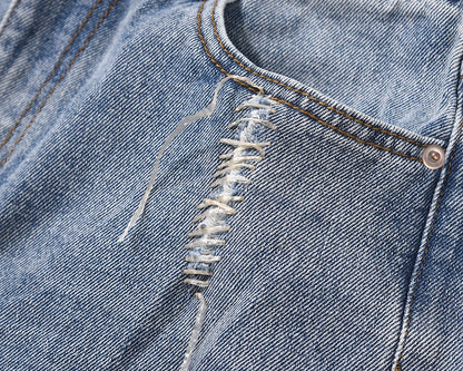 string lace up frayed washed pantalones hombre baggy blue jeans for men y2k streetwear washed casual denim trousers oversized unique jeans style 3235