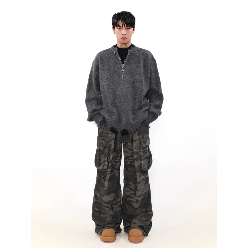 American High Street Mens Sweater 2024 New Autumn Half Zipper Fashion Knitted Tops Damaged Hip-hop Irregular Hem Pullover Street King Limited