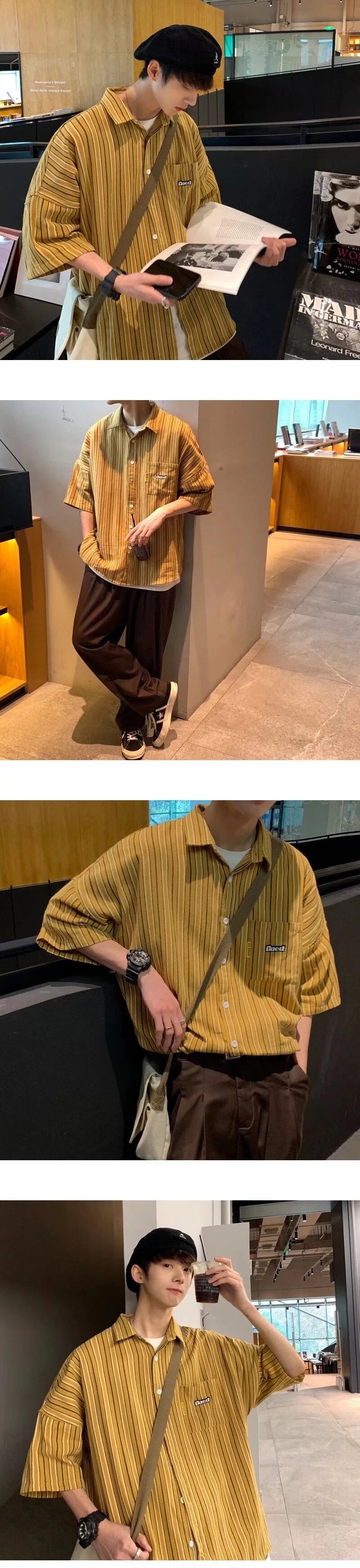 Streetwear Summer Mens Vintage Striped Shirts Letter Print Short Sleeve Casual T 2024 Summer Mens Vintage Striped Shirts Letter Print Short Sleeve Casual T Shirt Clothing Y2K Streetwear Loose Social Camisas Fashion Sweater Jacket With Graphic Design For Men