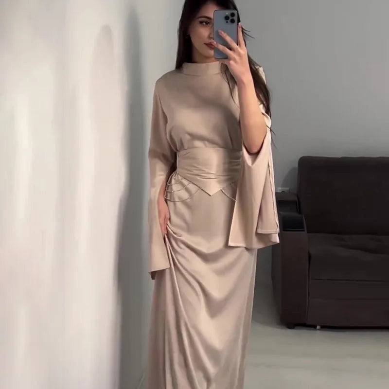 Elegant Lady Long Satin Dress Half High Collar Flare Sleeves Party Bodycon Dress Streetwear Solid Slim Evening Dresses For Women Street King Limited