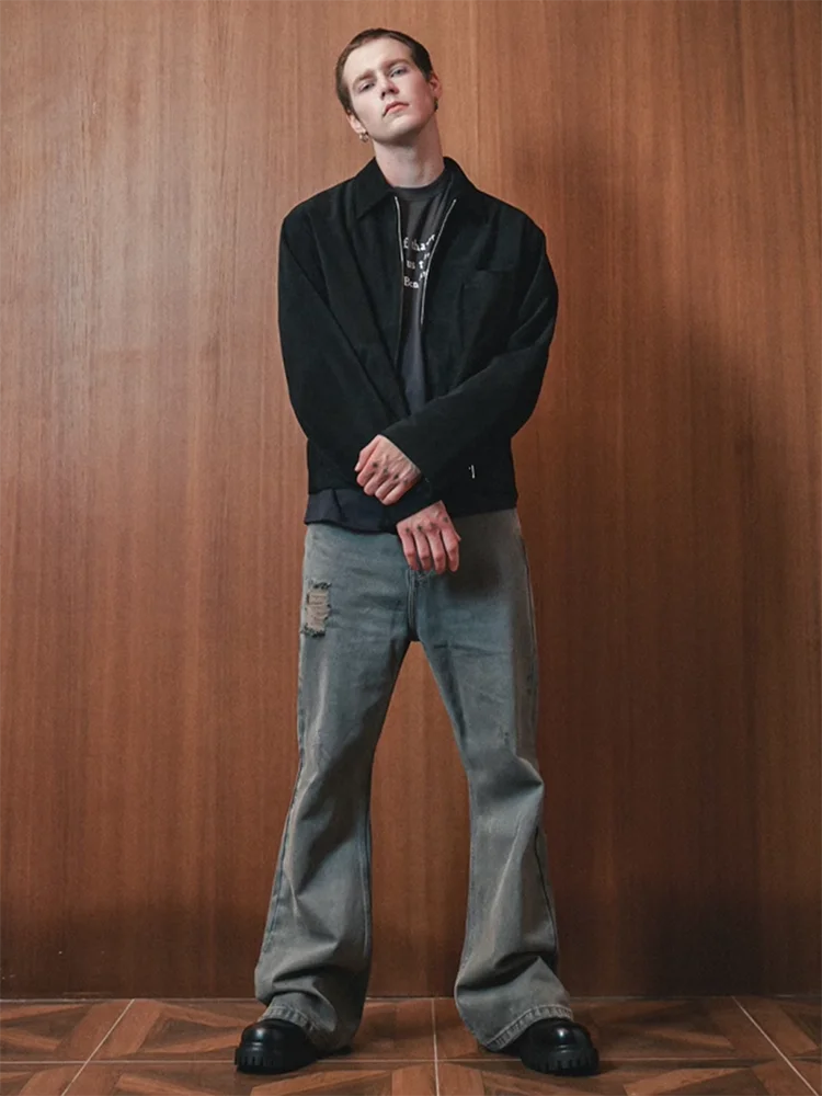 Grey Green Damaged Micro Flared Jeans Mens Straight Streetwear Y2k Ropa Hombre Baggy Denim Trousers Oversized Casual Cargo Pants Street King Limited