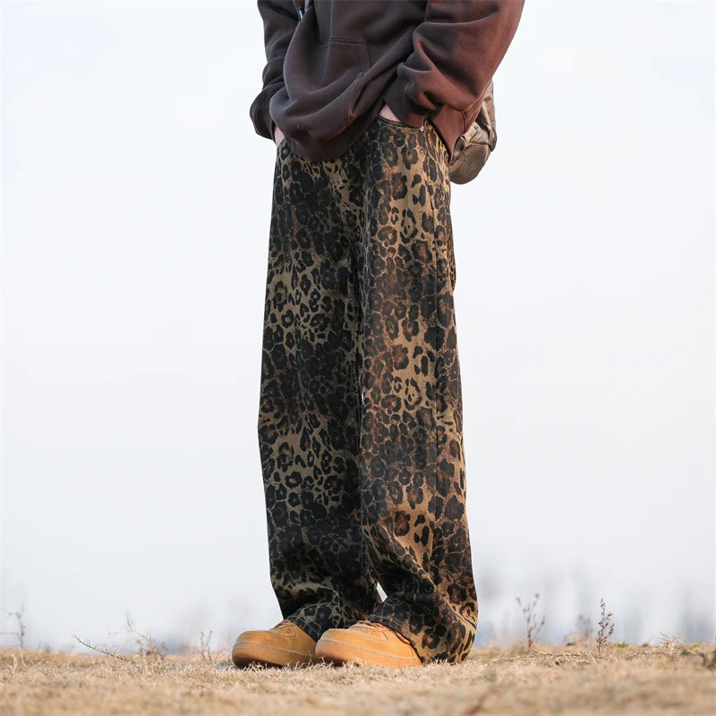 Leopard Print Jeans Men Fashion Retro Wide Leg Jeans Men Streetwear Hip-hop Loose Straight Jeans Mens Vintage Denim Trousers Street King Limited