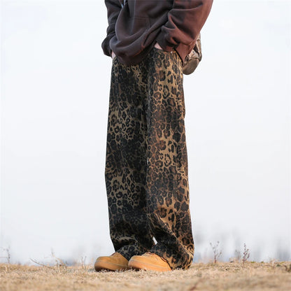 Leopard Print Jeans Men Fashion Retro Wide Leg Jeans Men Streetwear Hip-hop Loose Straight Jeans Mens Vintage Denim Trousers Street King Limited