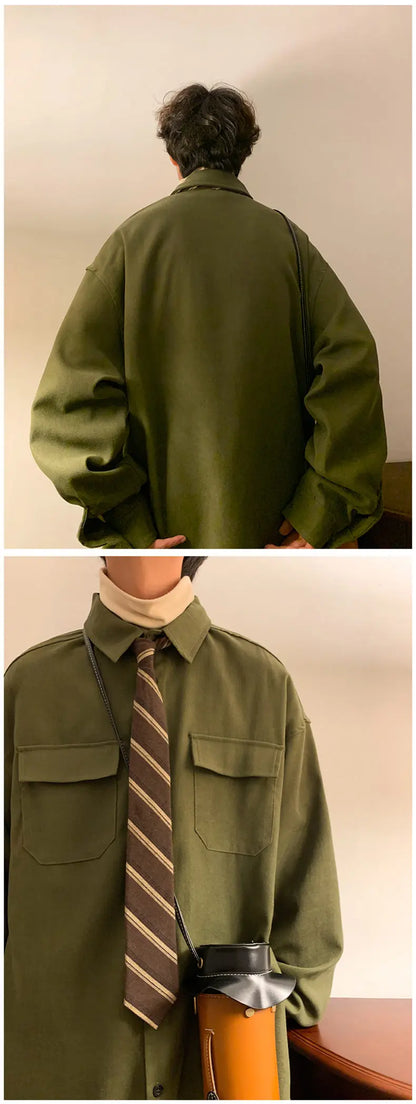 Spring Long Sleeved Shirt Men Fashion Retro Pocket Shirt Men Japanese Streetwear Loose Casual Shirt Mens Vintage Shirts M-3XL Street King Limited