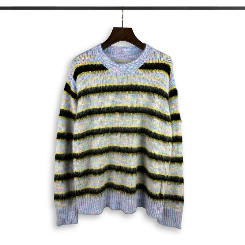 Korean Fashion Striped Patchwork Mohair Knitted Sweaters Retro Mens Oversized Knitwears Y2k Harajuku Female Round Neck Sweaters Street King Limited