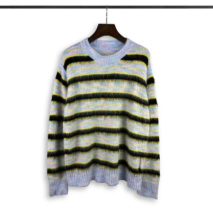 Korean Fashion Striped Patchwork Mohair Knitted Sweaters Retro Mens Oversized Knitwears Y2k Harajuku Female Round Neck Sweaters Street King Limited