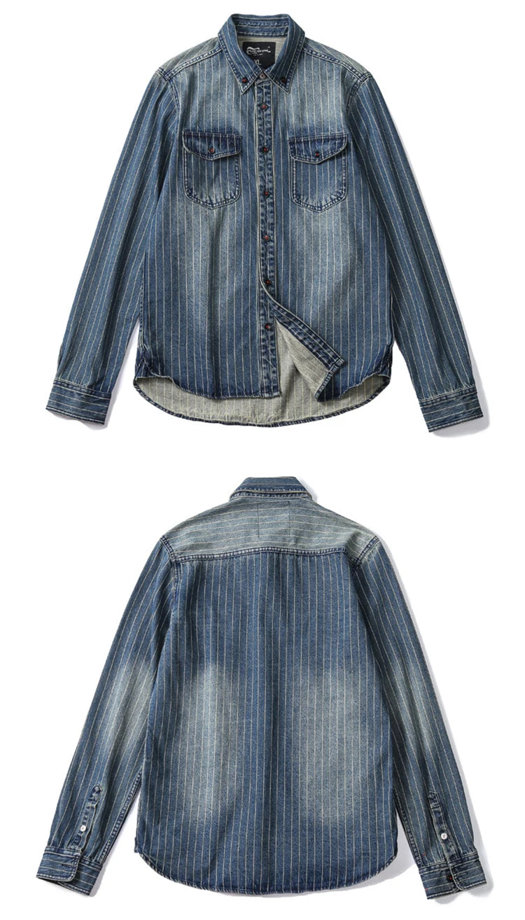 Amekaji VIntage Denim Shirt Men Spring Autumn New Lapel Multi-pocket Blue Striped Long Sleeve Cargo Shirt  Casual Cardigan Tops Street King Limited