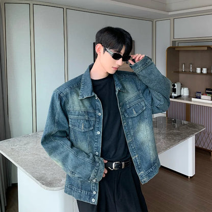 2024 trend mens denim jackets vintage washed design multiple pockets cowboy coats loose shoulder padded cardigan male spring unique jeans style 4053