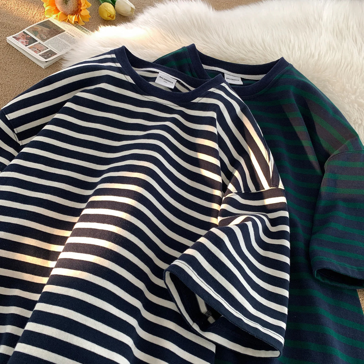 Japanese Striped Contrasting Color Short-Sleeved T-Shirt Men's Summer Pure Cotton 280g Heavy Loose Half-Sleeved T-Shirt Street King Limited