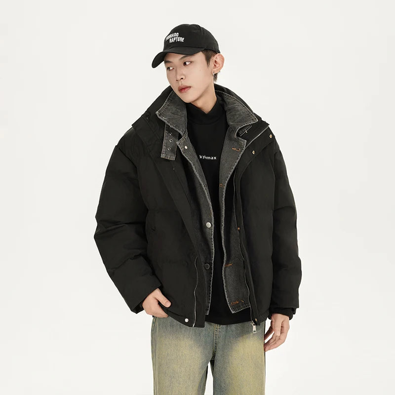 Winter Splice Denim Cotton-padded Jacket Men Women Stand Collar Fashion Loose Casual Thicken Warm Parkas Jacket Boyfriend Coat Street King Limited