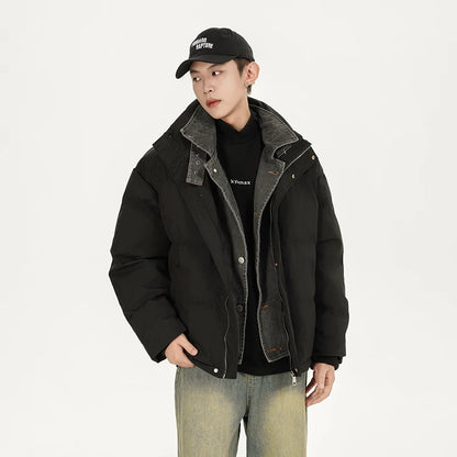 Winter Splice Denim Cotton-padded Jacket Men Women Stand Collar Fashion Loose Casual Thicken Warm Parkas Jacket Boyfriend Coat Street King Limited